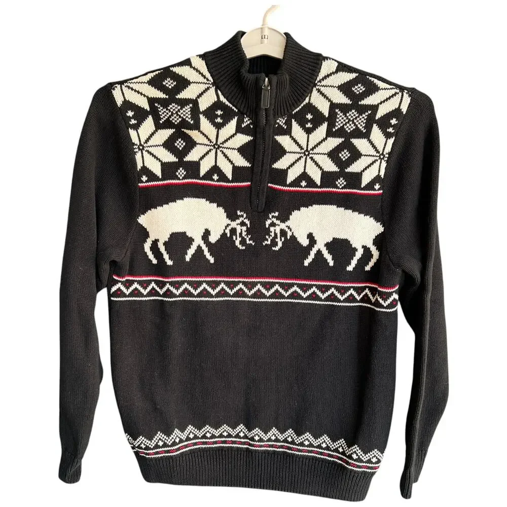 CHAPS Sweater Men's Med Black Red Sweater Fair Isle 1/4 Zip Nordic Alps Pullover